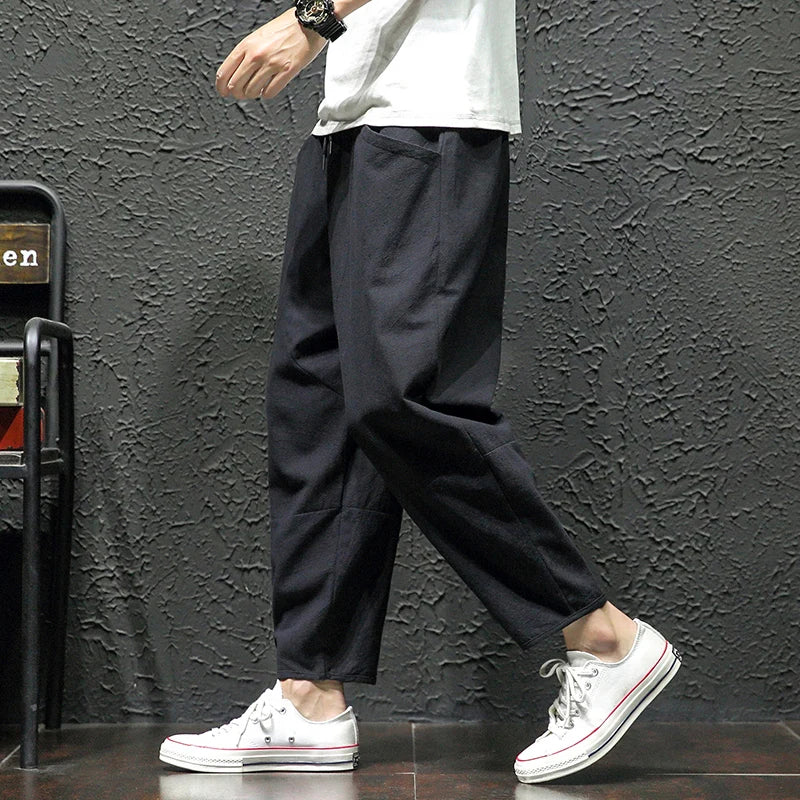 100% Cotton Ankle Length Pants Summer Casual Pants Man Trendy Japanese Loose Pants Men - reetell