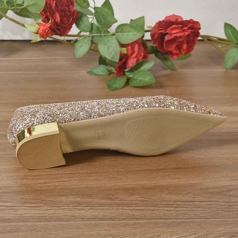 Gold Low Heels Pumps Women 2023 Spring Shiny Sequins Pointed Toe Party Shoes Woman Plus Size Simple Thick Heeled Bride Shoes