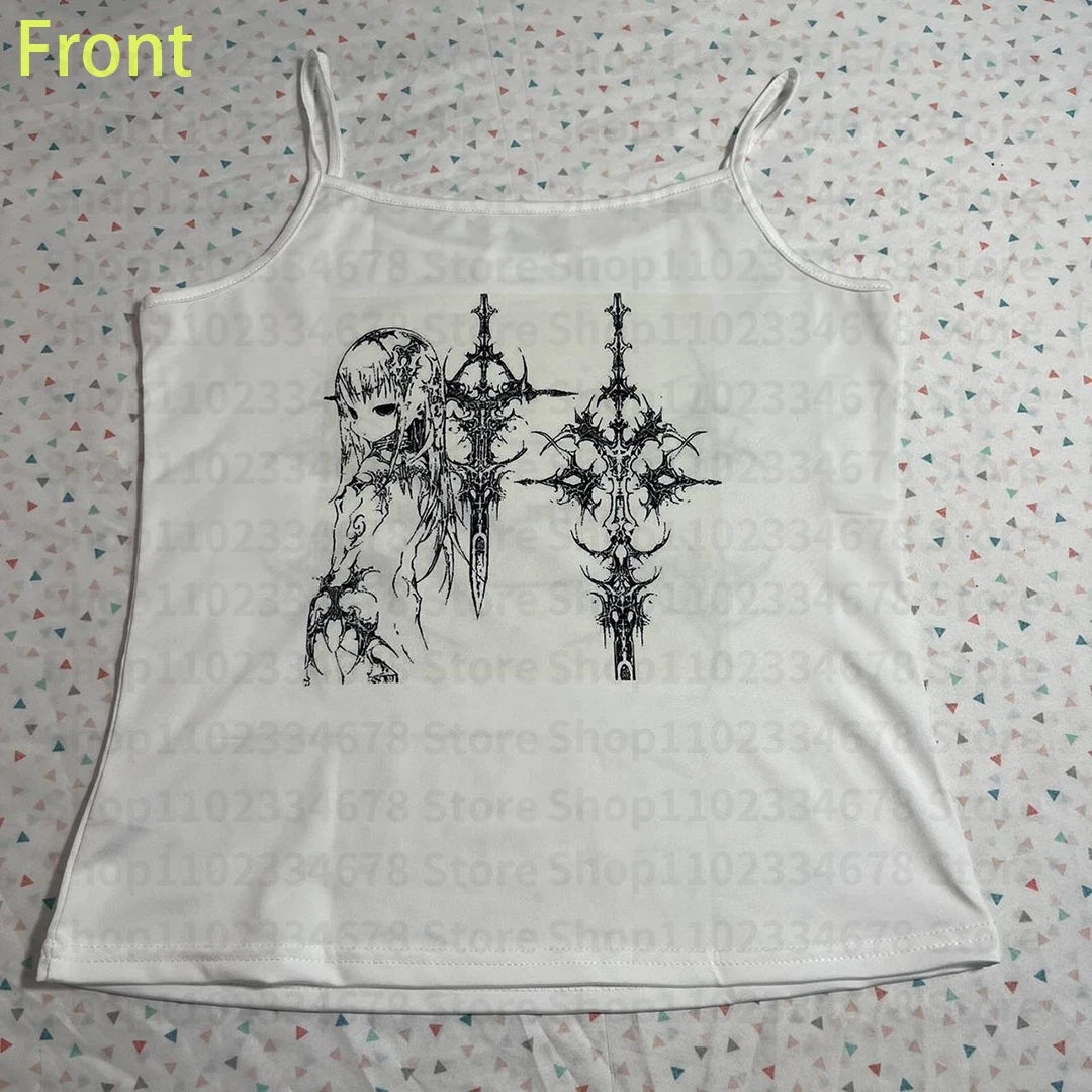 Y2k Style Aesthetic Sweet Sexy Tank Tops Women Sleeveless Casual Cartoon Print Tanks Harajuku All Match Cropped Grunge Emo Girls - reetell