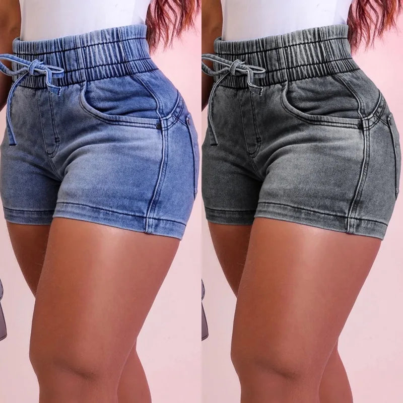 Women Summer Denim Shorts Ladies Elastic Waist Bandage Jeans Skinny Short Pants Feminina - reetell