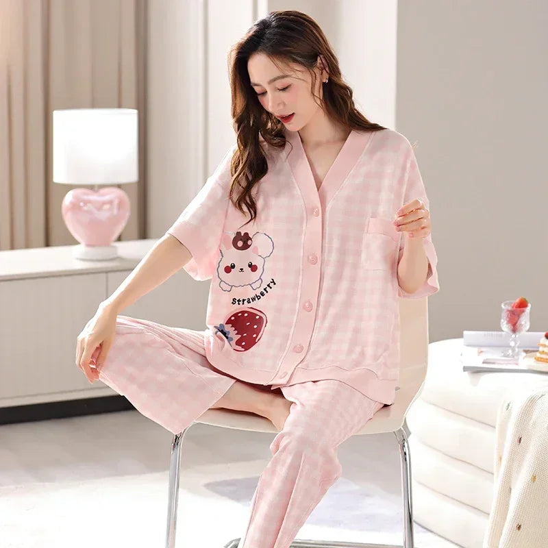 Women Clothing M-5XL Summer Cotton Panda Pajama Casual Short Sleeve Kimono Cardigan Sleepwear Cartoon Nightwear Woman Loungewear