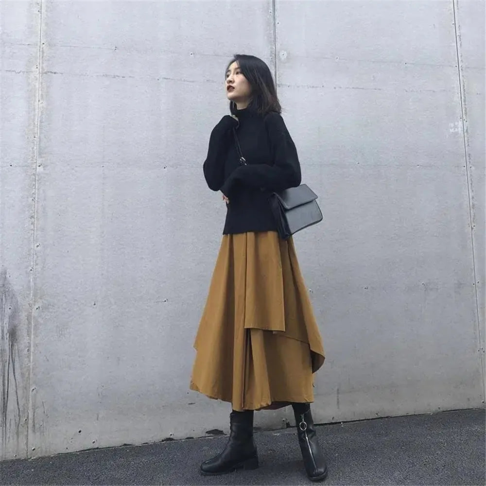 Gothic Frosty Irregular Skirts Pants Women High Waist Solid White Black Brown Long Pleated Skirts 2022 Korean Hip Hop Streetwear - reetell