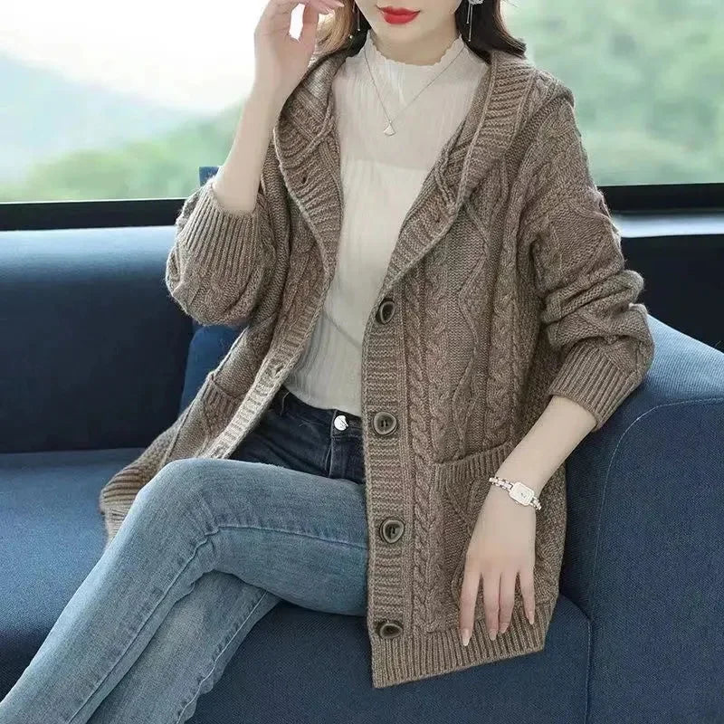 Hooded Sweater Spring And Autumn Mother Sweater Jacket Female Jacket 2023 New Loose Pocket Zipper Knitted Cardigan Mom HoodyCoat - reetell