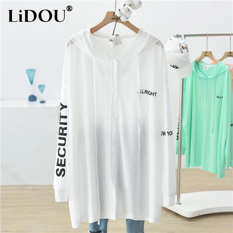 Spring Summer New Hooded Long Sleeve Ice Silk Fabric Sunscreen Clothing Women Fashion Solid Color Zipper Loose Casual Cardigan - reetell