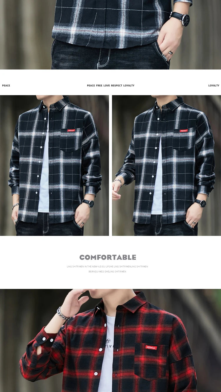 Autumn New Casual Men's Flannel Plaid Shirt Brand Male Business Office Red Black Checkered Long Sleeve Shirts Clothes