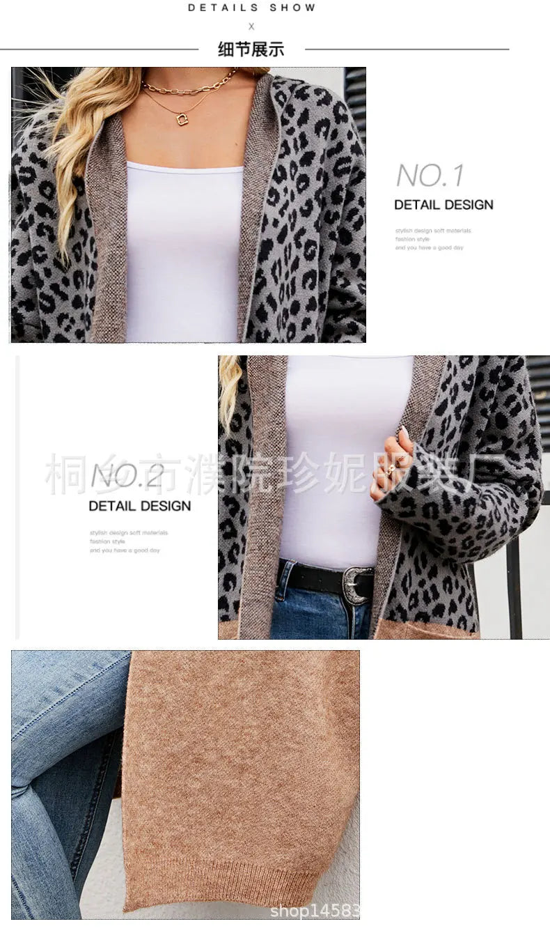 Leopard Cardigan Women Knitted Sweater Pullovers Autumn Winter Warm Thick Jumpers Maxi Brown Crochet Y2k Long Sleeve Jumper - reetell