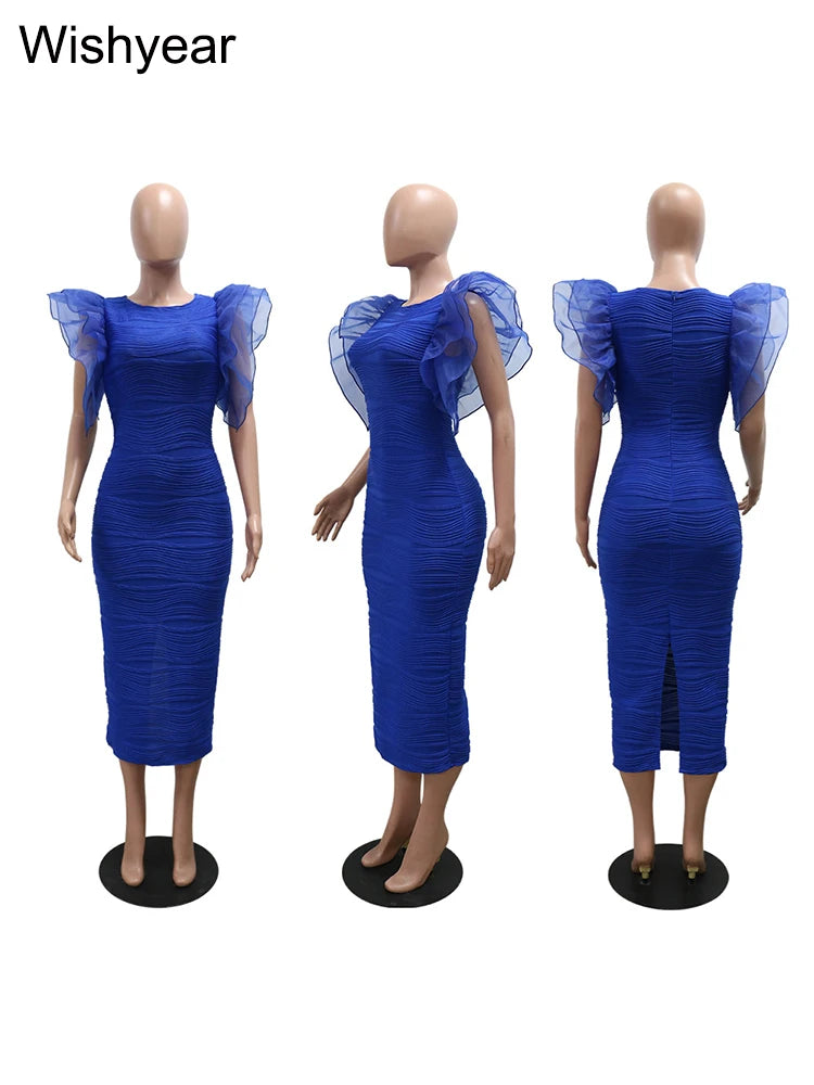 New Women O Neck Ruffle Sleeves Package Hips Bodycon Dress Fashion Office Lady Slim Pencil Evening Birthday Party Vestidos Gowns - reetell