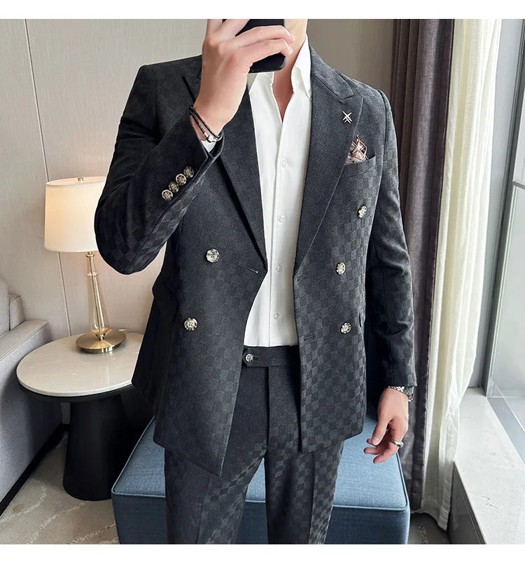 (Jacket+Pants) 2 Pieces Blue Apricot Business Party Men Suits Double Breasted Formal Style Custom Made Wedding Groom Tuxedos - reetell