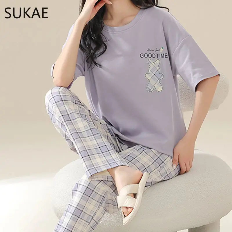 SUKAE Summer Women Pajamas Set Plus Size M-5XL Cotton Women's Pajama Short Sleeves Nightwear Sleepwear Korean Pijamas for Girl