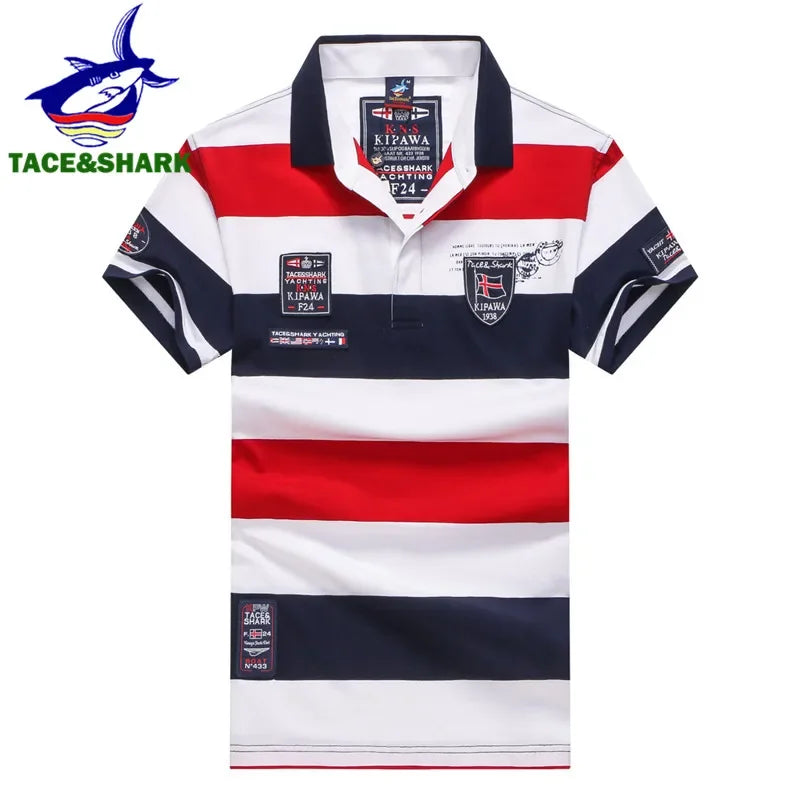 TACE&SHARK 2018 New style Fashion Summeer Men Wide stripe polos homme Casual embroidery Short sleeve polo shirt male para hombre