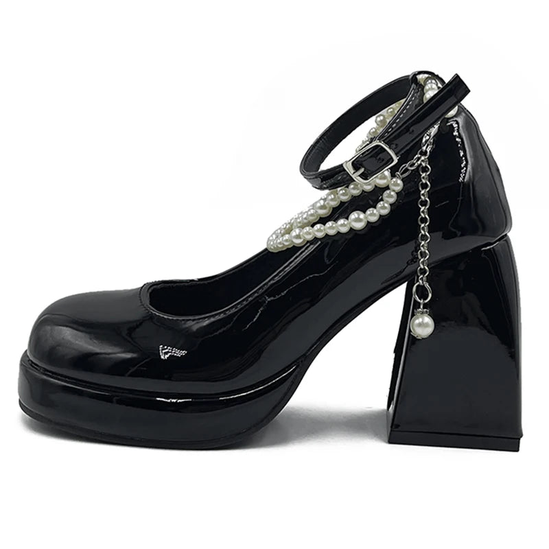 Y2K Chunky Platform High Heels Pumps Women 2023 Summer Patent Leather Black White Lolita Shoes Woman Pearl Ankle Straps Pumps