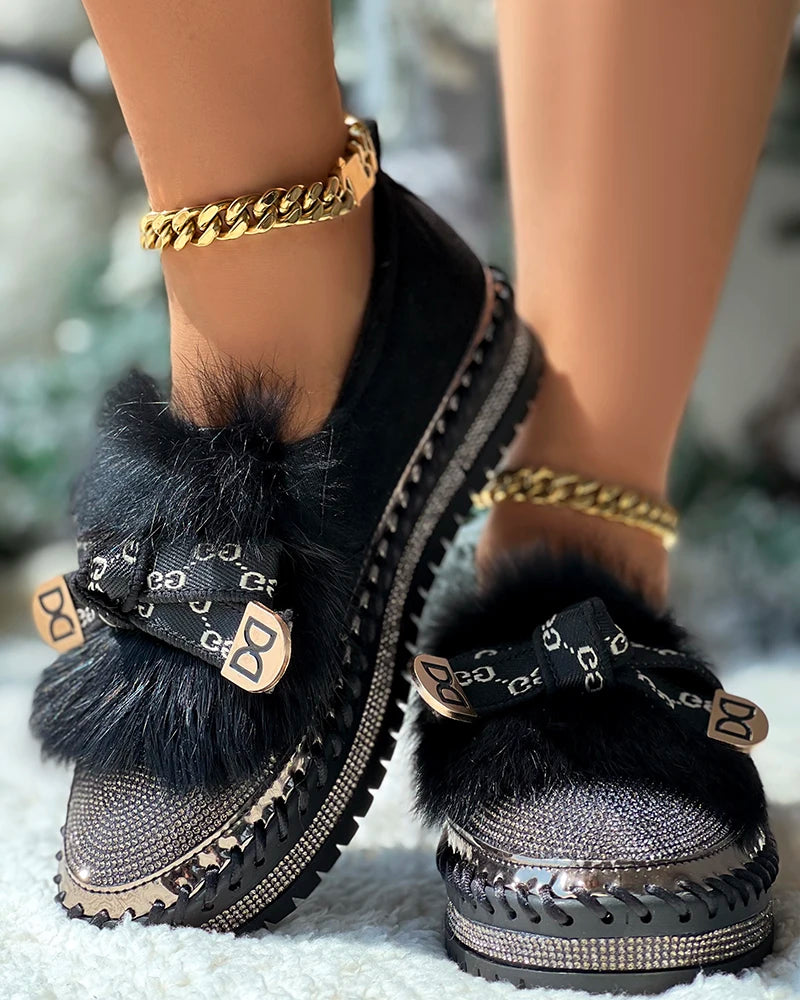 Women Fashion Solid Color Shoes Flat Warm Rhinestone Bowknot Design Platform Fuzzy Slip-On Loafers