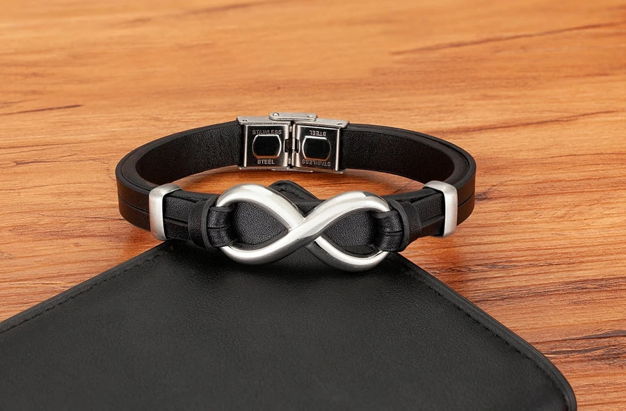 TYO Luxury Genuine Leather Infinity Symbol Mens Bracelet Stainless Steel Buckle Couple Bangles Jewelry Dropshipping Wholesale