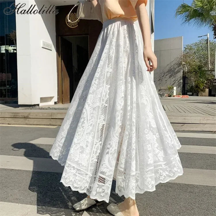 Lace High Waist Skirt Women Faldas Ropa Mujer Casual Loose Summer White Long Skirts Ladies Fashion Jupe Solid Woman Clothes Saia - reetell