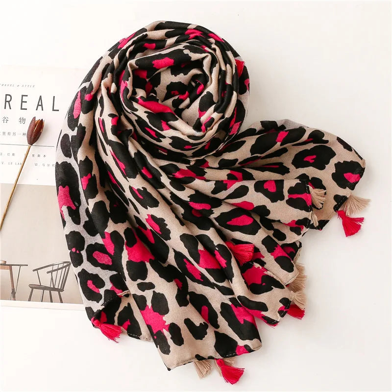 Women Luxury Brand Viscose Scarf Sexy Leopard Floral Tassel Shawl Autumn Winter Wrap Pashminas Stole Muslim Hijab Sjaal 180*90Cm - reetell