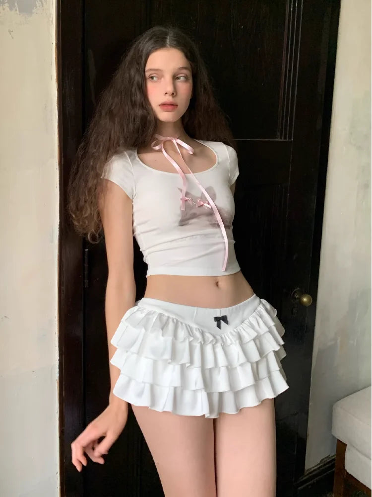 Y2k Kawaii Cute Cake Ruffles White Mini Skirt Women Bow Slim Skirt Elastic Waist Summer A-line Skirt Going Out Party Streetwear - reetell