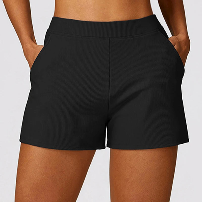 Ribbing Yoga Shorts Casual Sports Shorts Women Pockets Gym Running Pants Women Workout Loose-fitting Shorts Female Yoga Clothing - reetell