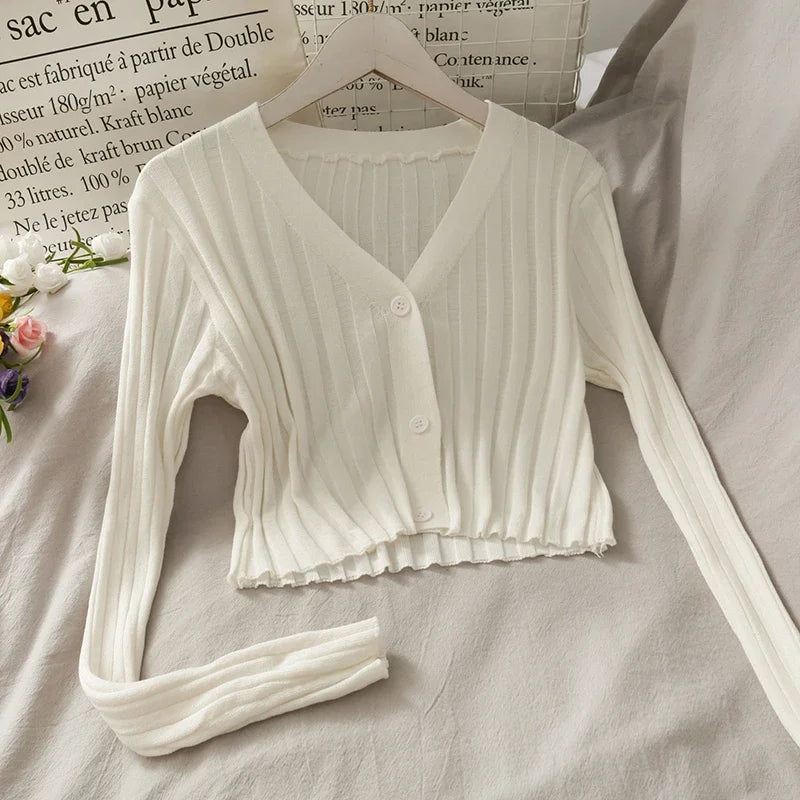 Women Fall Buttons Up Cardigan Shirt Acrylic Long Sleeve V-Neck Slim Cropped Knitwear Ribbed Knit Thin Solid Stretch Top Winter - reetell