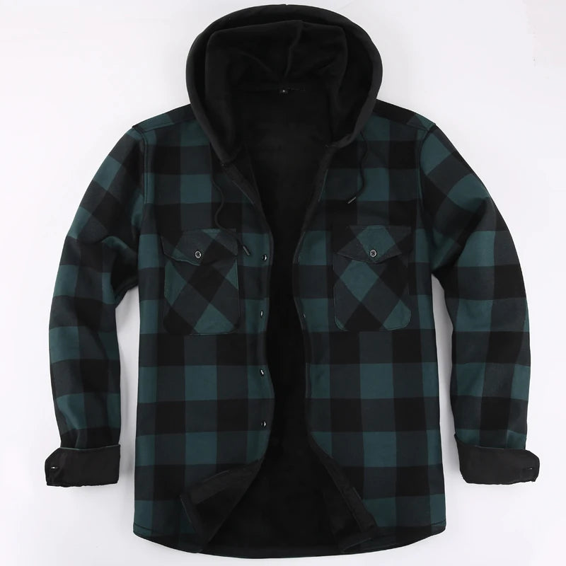 Mens Green Hooded Plaid Winter Shirt Jacket Casual Fleece Linend Warm Shirt Long Sleeve Western Cowboy Flannel Checkered Chemise