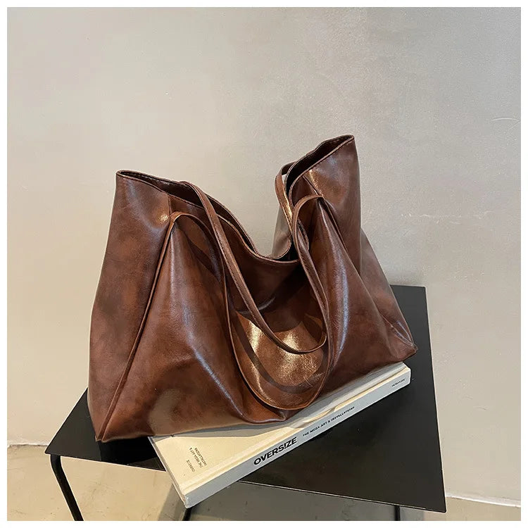 Women Tote Bag Fashion Underarm Pouch Large Capacity Soft Pu Leather Shoulder Bag Retro Crossbody Bag Casual Portable Bucket Bag