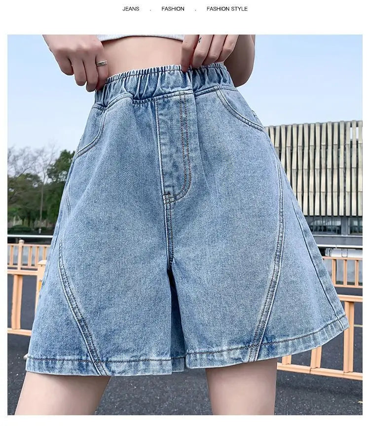 Big Size Denim Shorts Quarter Trousers A Wide Leg Loose High Waist Skinny Students Fattening Women Pocket Splicing Stripe - reetell