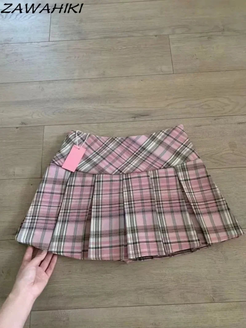 Pink Women's Plaid Patchwork Skirts Preppy Sweet Temperament Skirt Pleated High Waist Mujer Faldas Casual Office Lady Falda - reetell