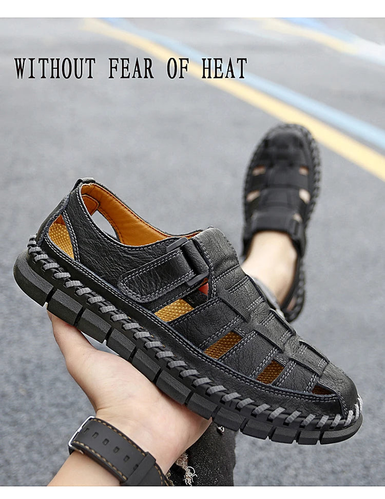 Genuine Leather Sandal for Men Round Toe Lightweight Comfortable Trendy All-match Breathable Fashion Non-slip Shoes Summer Main