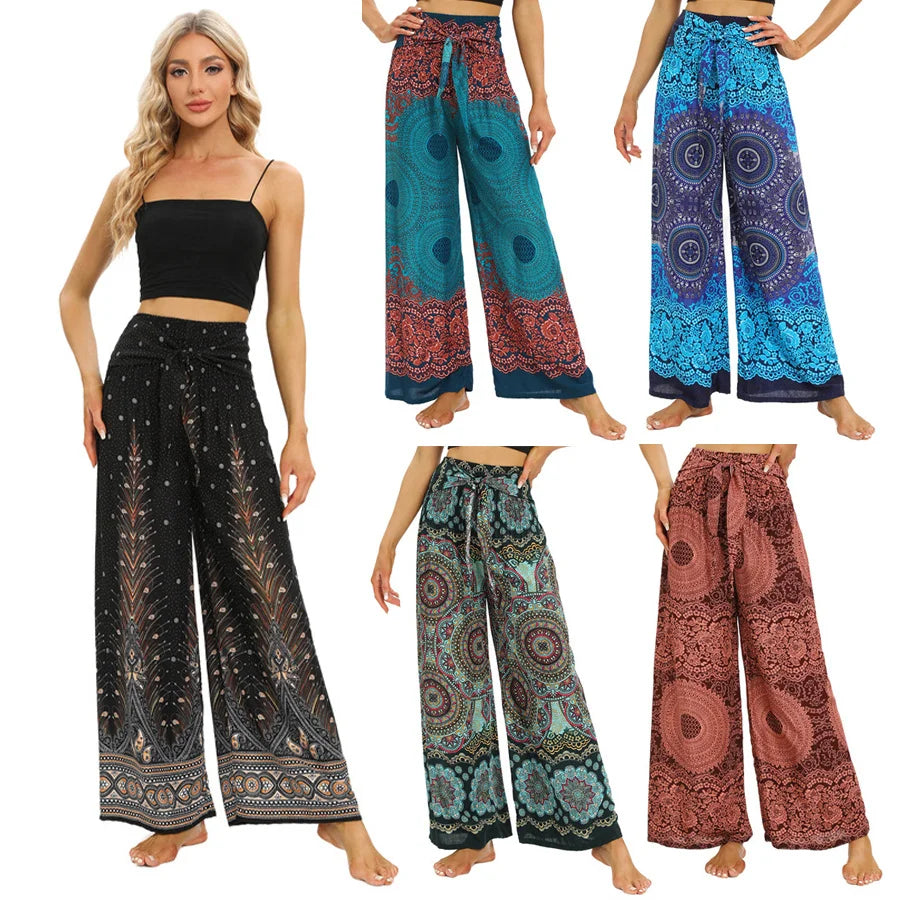 2024 Women Boho Yoga Pants Rayon Vintage Floral Printed Wide Leg Long Trousers Elastic High Waist Female Outside Home Clothes - reetell