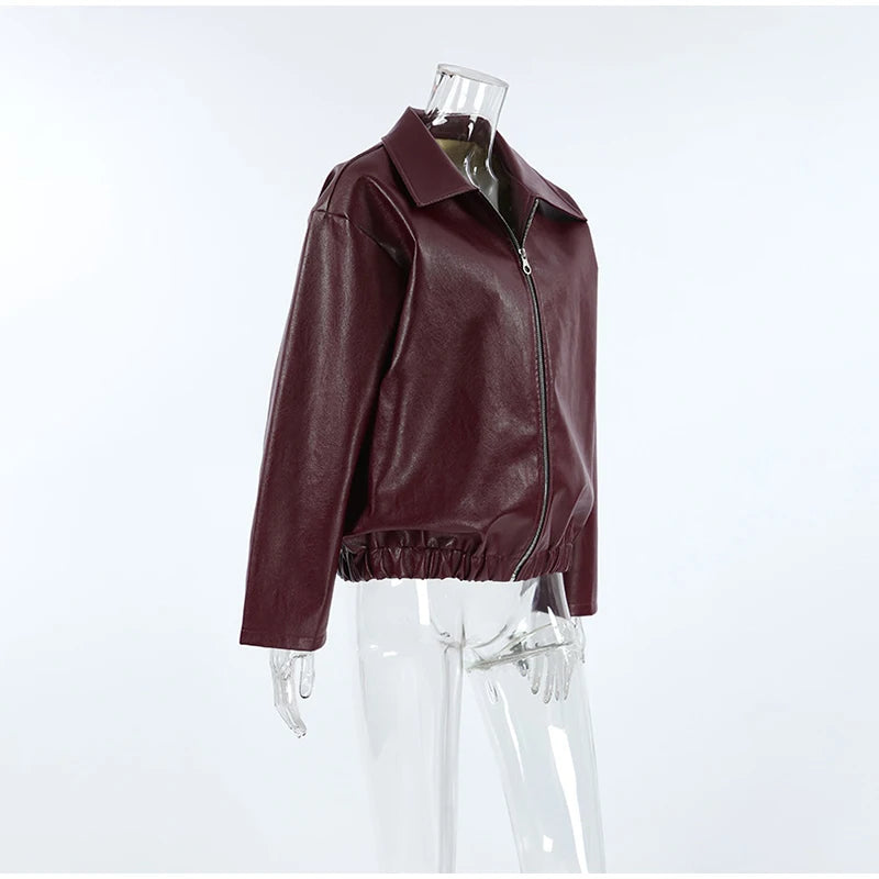 Elegant Burgundy Faux Leather Jackets Women Fashion Lapel Zipper Long Sleeve Female Coats 2024 Autumn Winter Lady Street Outwear