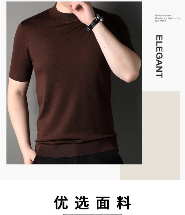 Worsted Mercerized Men Summer Short Sleeves T-shirt Versatile Fashion Male Clothing Half Turtleneck Casual Basic Knitted Tops - reetell