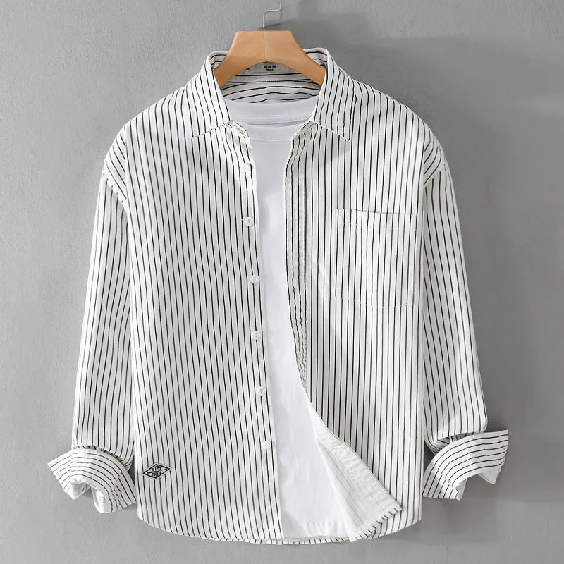 2024 Spring Autumn New Cargo Striped Long Sleeve Shirts for Men Clothing 100% Cotton Casual Soft Streetwear FY9678