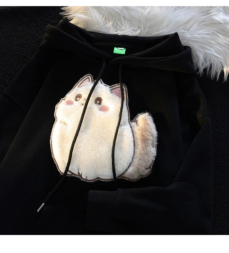 2023 Spring Autumn Female Couples Clothes Cartoon Embroidery Lovely 3D Cat Print Pullover Hoodies Women Sweatshirt Hooded Coat - reetell