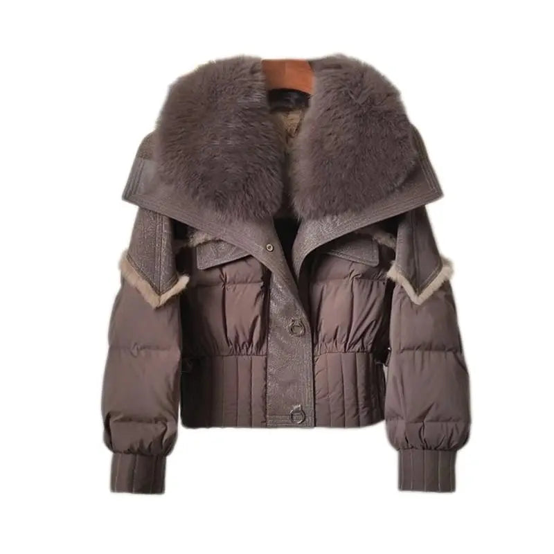 Women's Winter Down Jacket Sheepskin Fabric Fur V-Neck Rabbit Fur Lining Fur Coat Women Warm And Fashionable Jacket - reetell