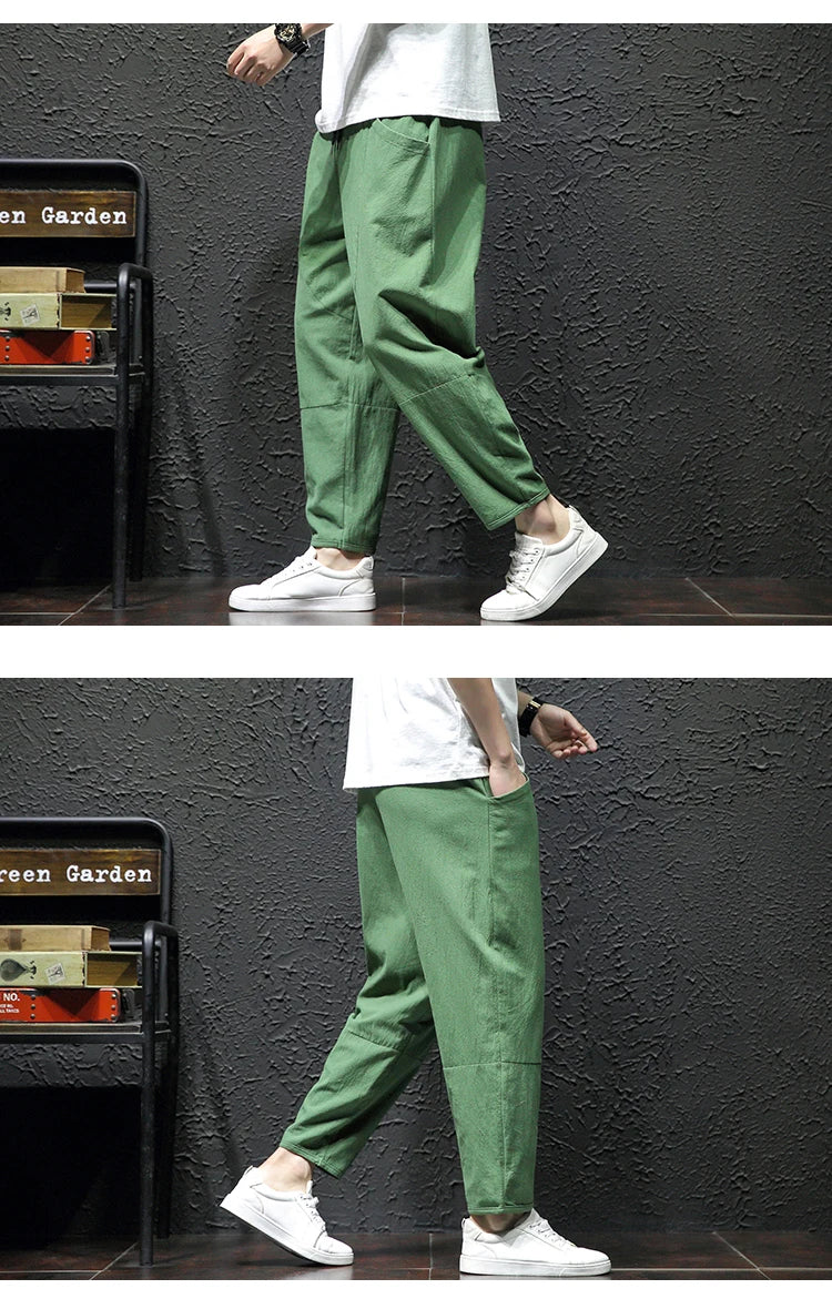 100% Cotton Ankle Length Pants Summer Casual Pants Man Trendy Japanese Loose Pants Men - reetell