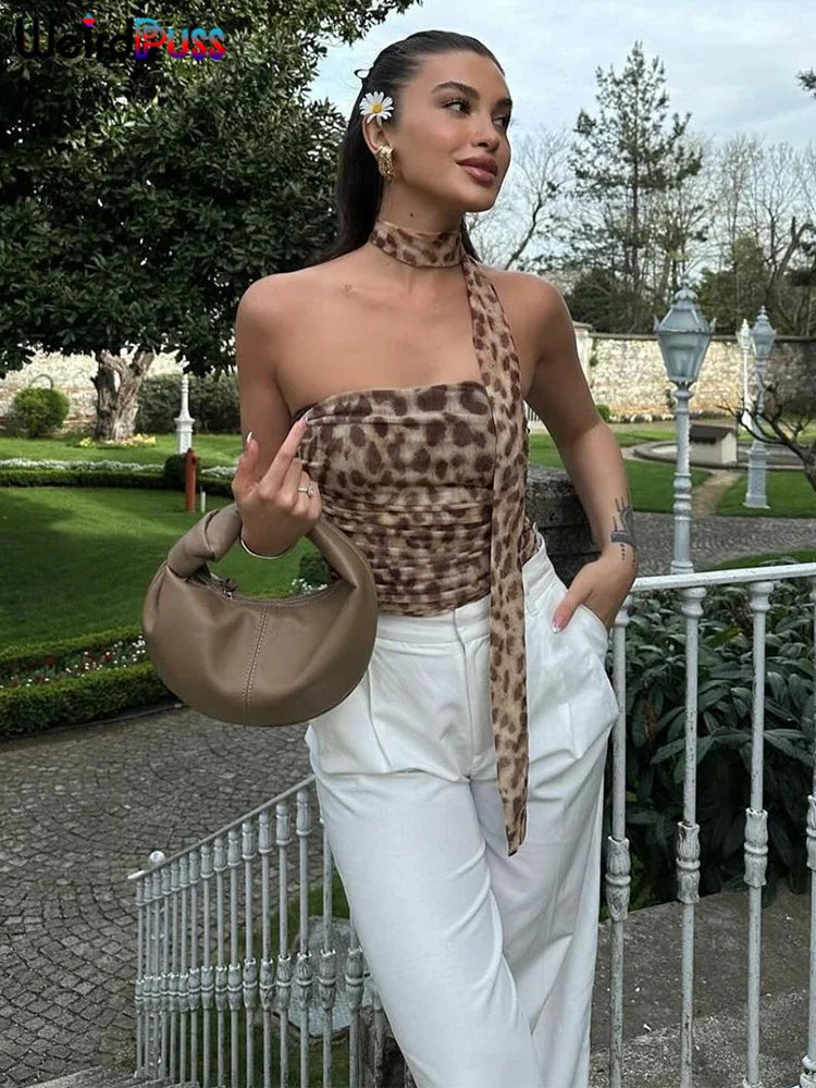 Weird Puss Leopard Print Crop Tops Woman Summer Strapless Ruffles Scarf Collar Trend Sexy Party Wild Chic Clubwear Skinny Vest - reetell