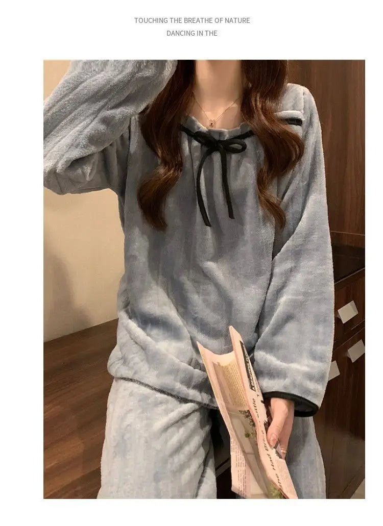 Coral Fleece Pajamas Sets for Women Autumn Winter Thick Warm Sweet Long Sleeve Sleepwear Nightgown Pijama Suit Mujer Homewear