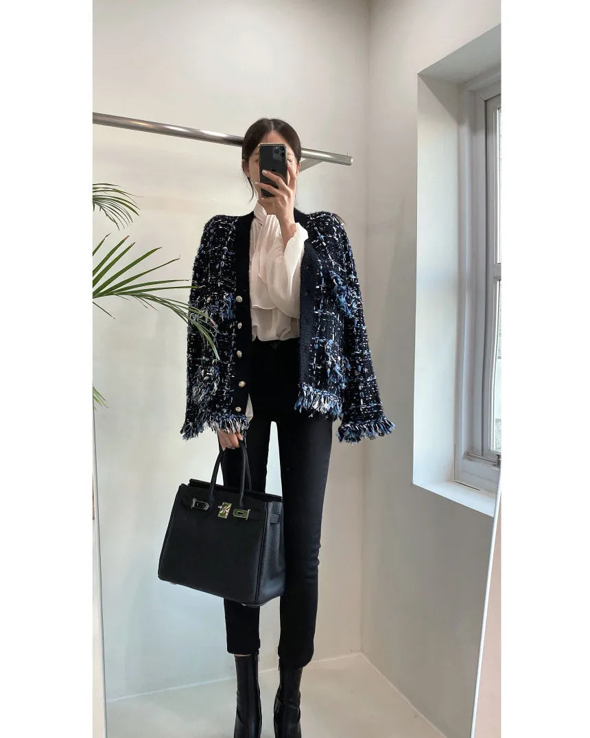 Korea Chic Autumn Winter V-Neck Tassel Wool Mixed Color Knitted Cardigan Coat Women's Loose Long Sleeve Sweater Knitwear 2023 - reetell