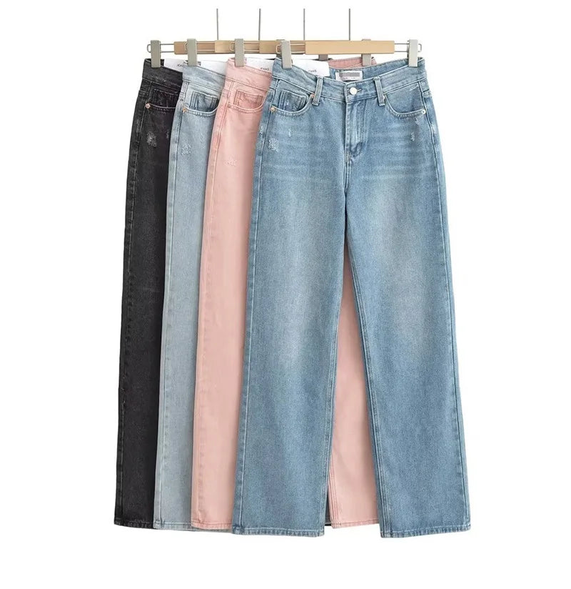 MiuKoMiYa Wide Leg Pink Jeans For Women High Waist Gray Full Denim Pants Straight Vintage Jean Women 2023 Fashion Denim Trousers - reetell