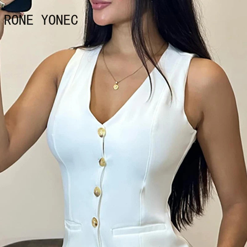 2024 Women Buttoned V-Neck Vest Top & Shorts Set Blazer Women Suits - reetell