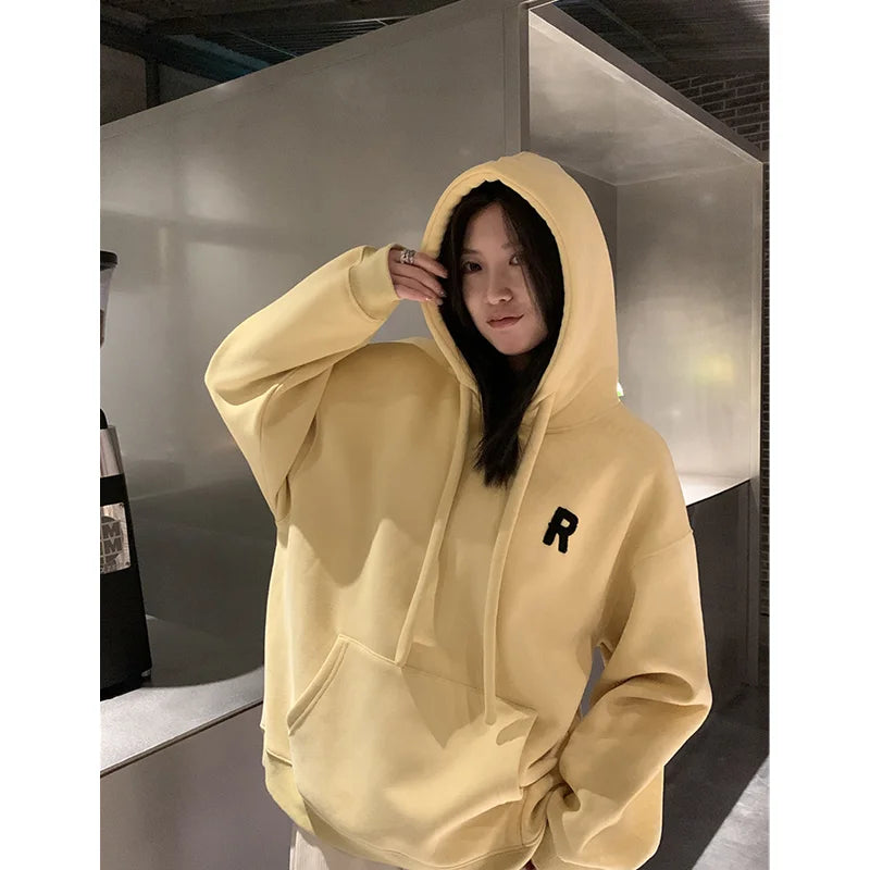 Autumn Womens Clothing Vintage Casual Street Sweatshirt Y2K Hooded Letter Printing Pullover Long Sleeves Oversize Ladies Tops - reetell