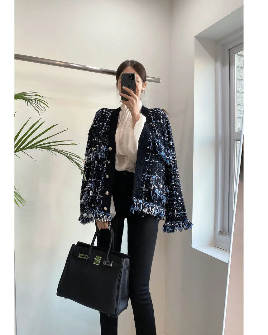 Korea Chic Autumn Winter V-Neck Tassel Wool Mixed Color Knitted Cardigan Coat Women's Loose Long Sleeve Sweater Knitwear 2023 - reetell