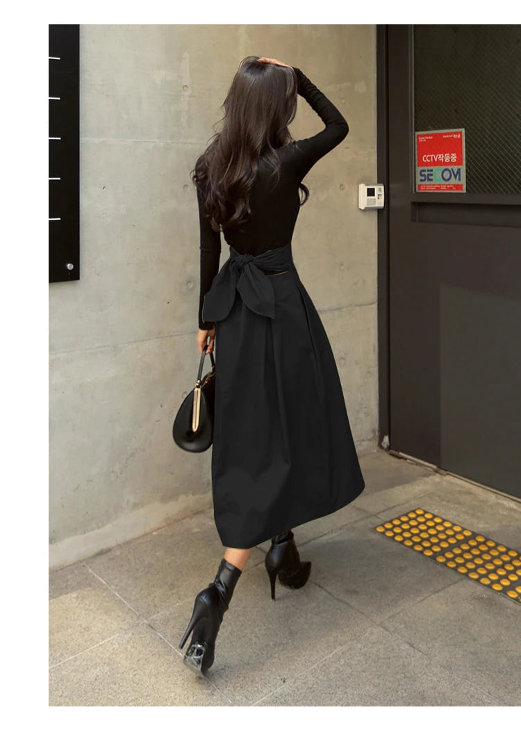 Skirts Womens Korean Fashion Solid Color Big Swing Ladies Skirt Long Skirt 2022 Autumn Wild High Waist Bow Slim Skirts - reetell