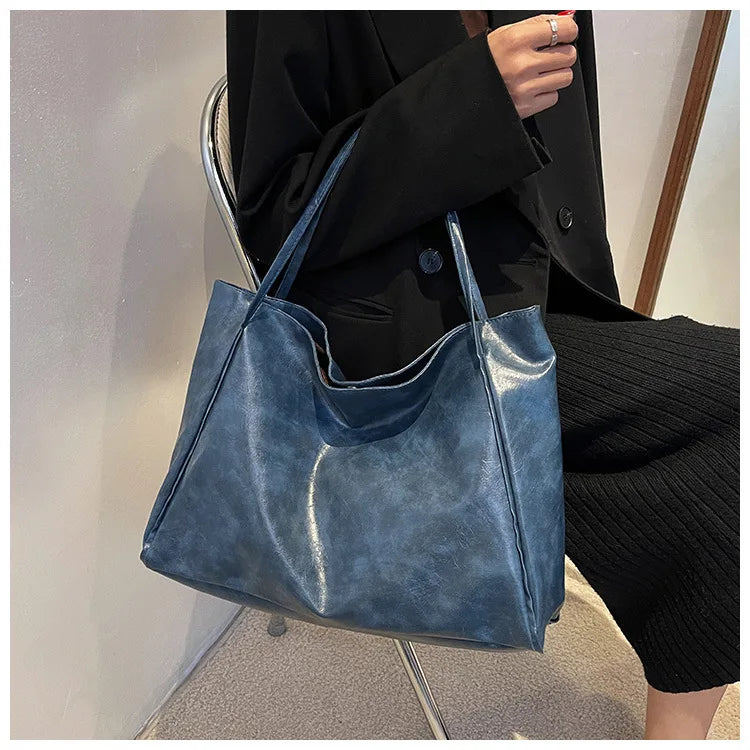 Women Tote Bag Fashion Underarm Pouch Large Capacity Soft Pu Leather Shoulder Bag Retro Crossbody Bag Casual Portable Bucket Bag