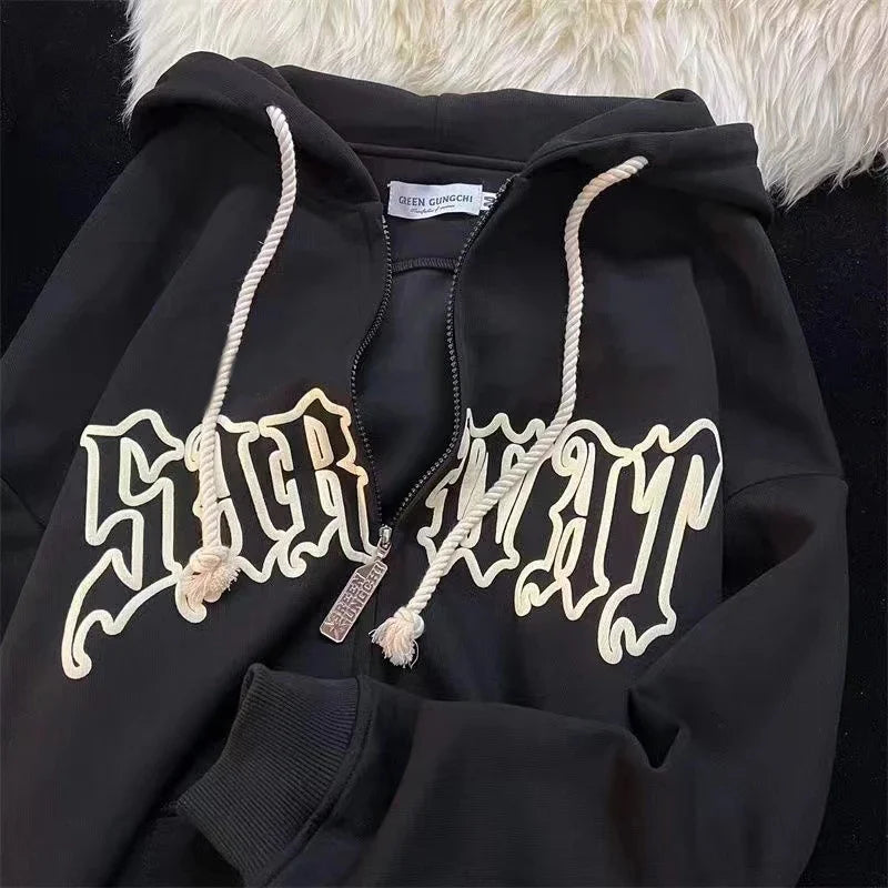 Hiphop Letter Embroidery Sweatshirt Women Autumn Harajuku Zip Up Casual Loose Hoodie Retro Long Sleeve Hooded Jacket Y2K Clothes - reetell