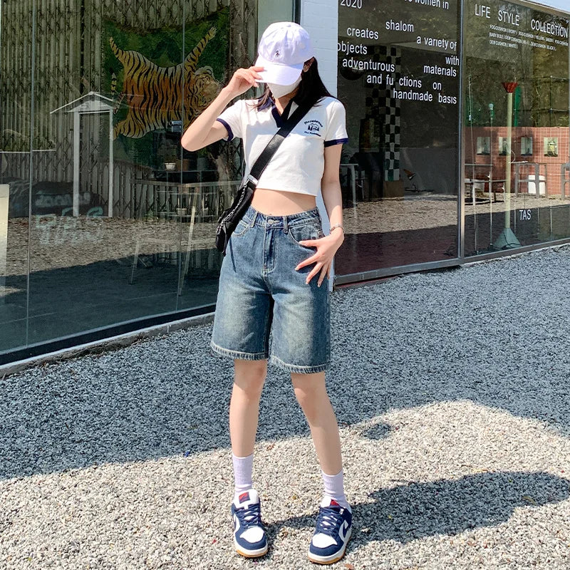 ZOENOVA Belted Shorts Jeans Women Baggy Y2K Fashion Straight Vintage Streetwear Denim 2024 Summer Loose Femme Denim Short Pants - reetell