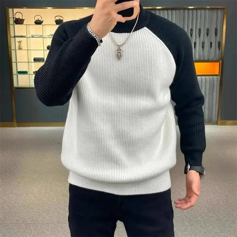 Autumn Winter Mens Sweaters Casual Warm Loose Fashion Patchwork Pullover Retro Harajuku Round Neck Knitted Bottoming Shirt - reetell