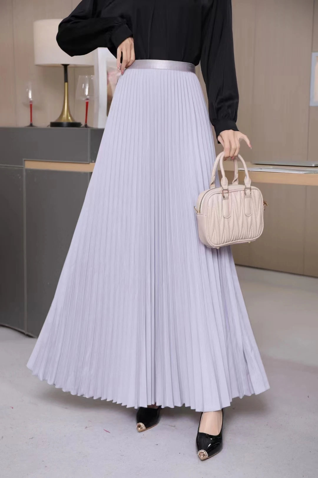 2023 Women Elegant Pleated Skirt High Waist Women Mid-long Skirt Female Ladies High Quality Women Midi Skirt Black Saia - reetell