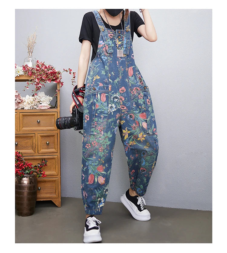 Fashion Streetwear Print Floral Denim Jumpsuit Women Casual Loose Wide Leg Pants Rompers Big Size Pockets Straps Jeans Overalls