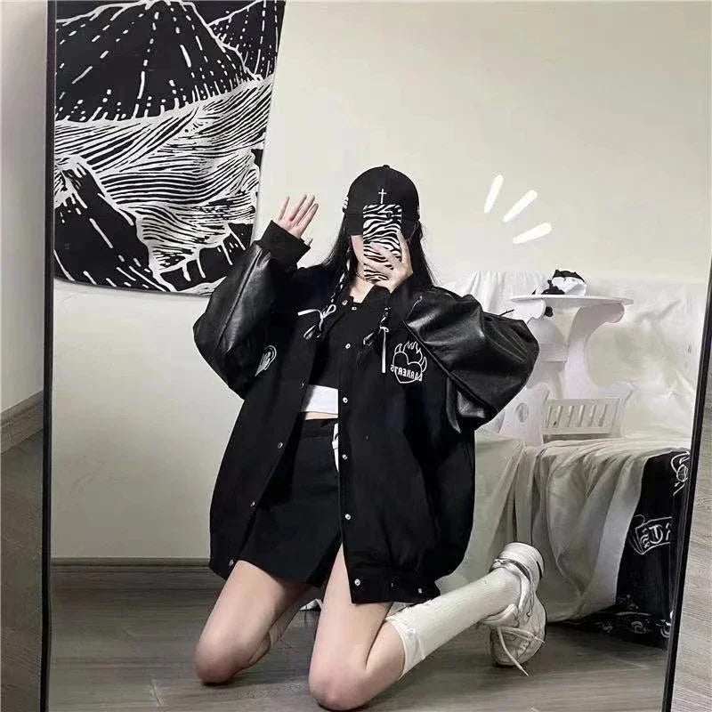 MEXZT Harajuku Black Coat Women Patchwork Bomber Jackets Bf Streetwear Korean Leather Print Oversized Casual Baseball Jacket