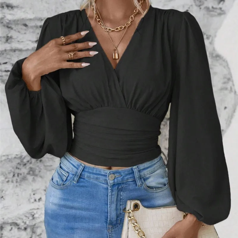 Elegant Lantern Sleeves Crop Top 2024 Spring Autumn New Fashion V-neck Solid Color Ruffled Women's Long Sleeved Black Blouse Y2K - reetell